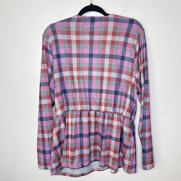 NEW NWT Lane‎ Bryant Classic Faux-Wrap Plaid Top 18/20 Purple Surplice Peplum - Picture 4 of 8